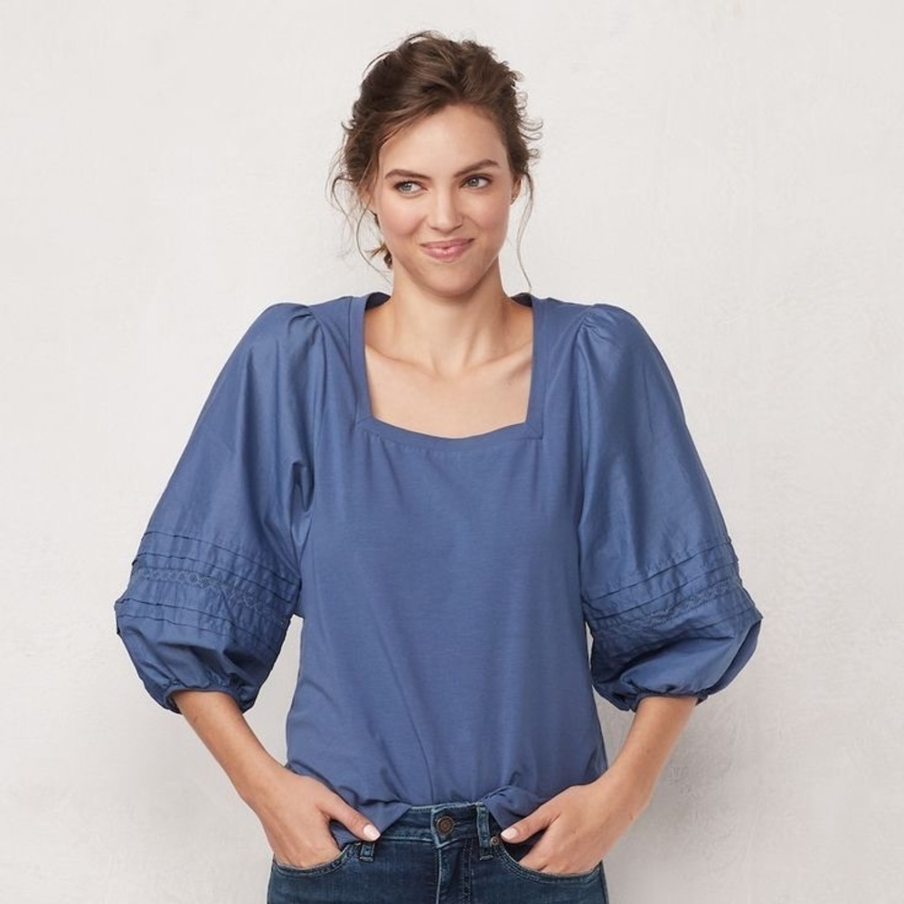 Women's LC Lauren Conrad Squareneck Lace Volume Sleeve Blouse Size Medium